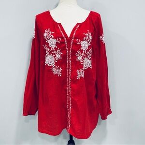 Talbots 2X Vibrant Red Crinkled Gauze Embroidered Floral Peasant Popover Blouse